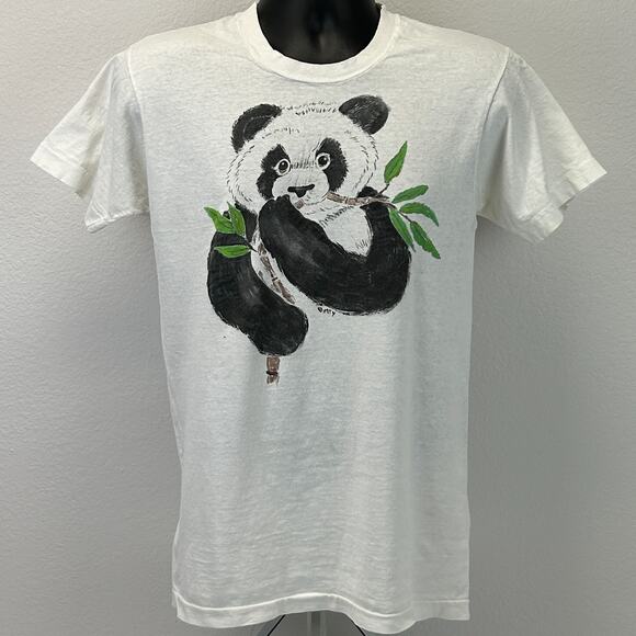 Vintage 80s Distressed Giant Panda Bear T Shirt Hand Painted White Tee S Small - Picture 2 of 14